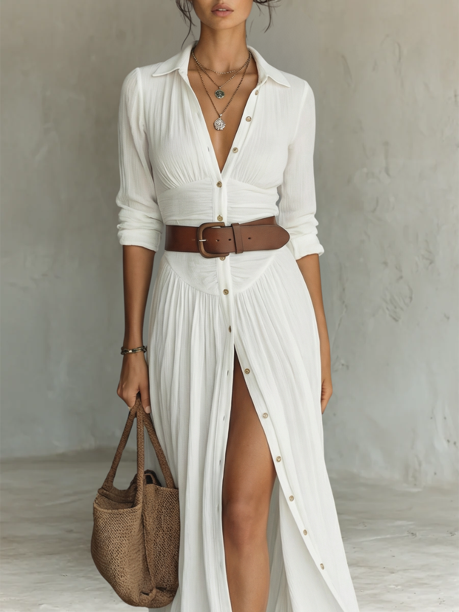 Vestido largo plisado de lino — Cinturón de cuero incluido