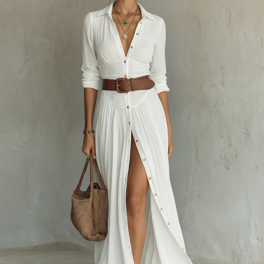 Vestido largo plisado de lino — Cinturón de cuero incluido